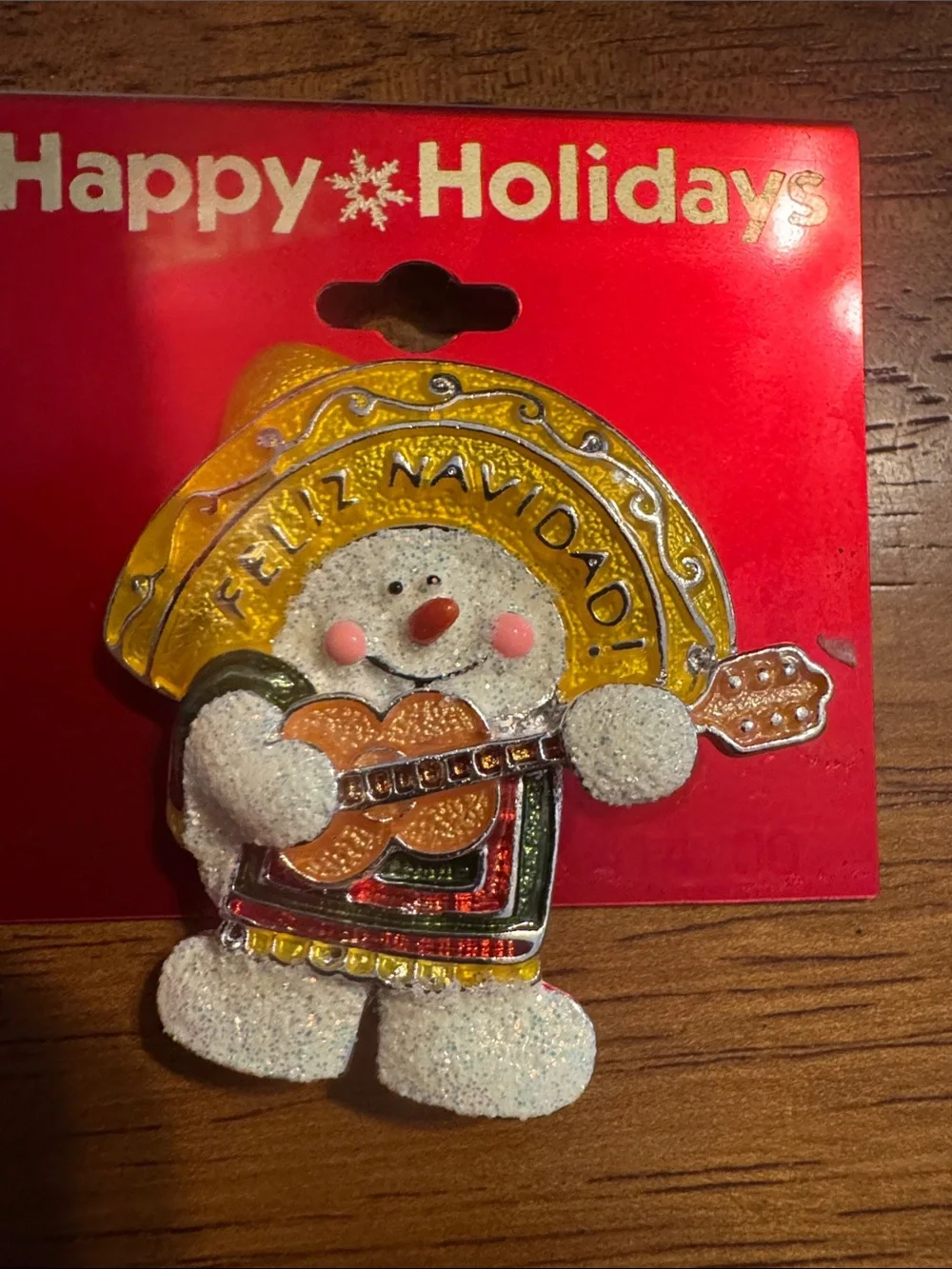 Feliz Navidad Snowman Brooch with Yellow Sombrero - Unbranded
